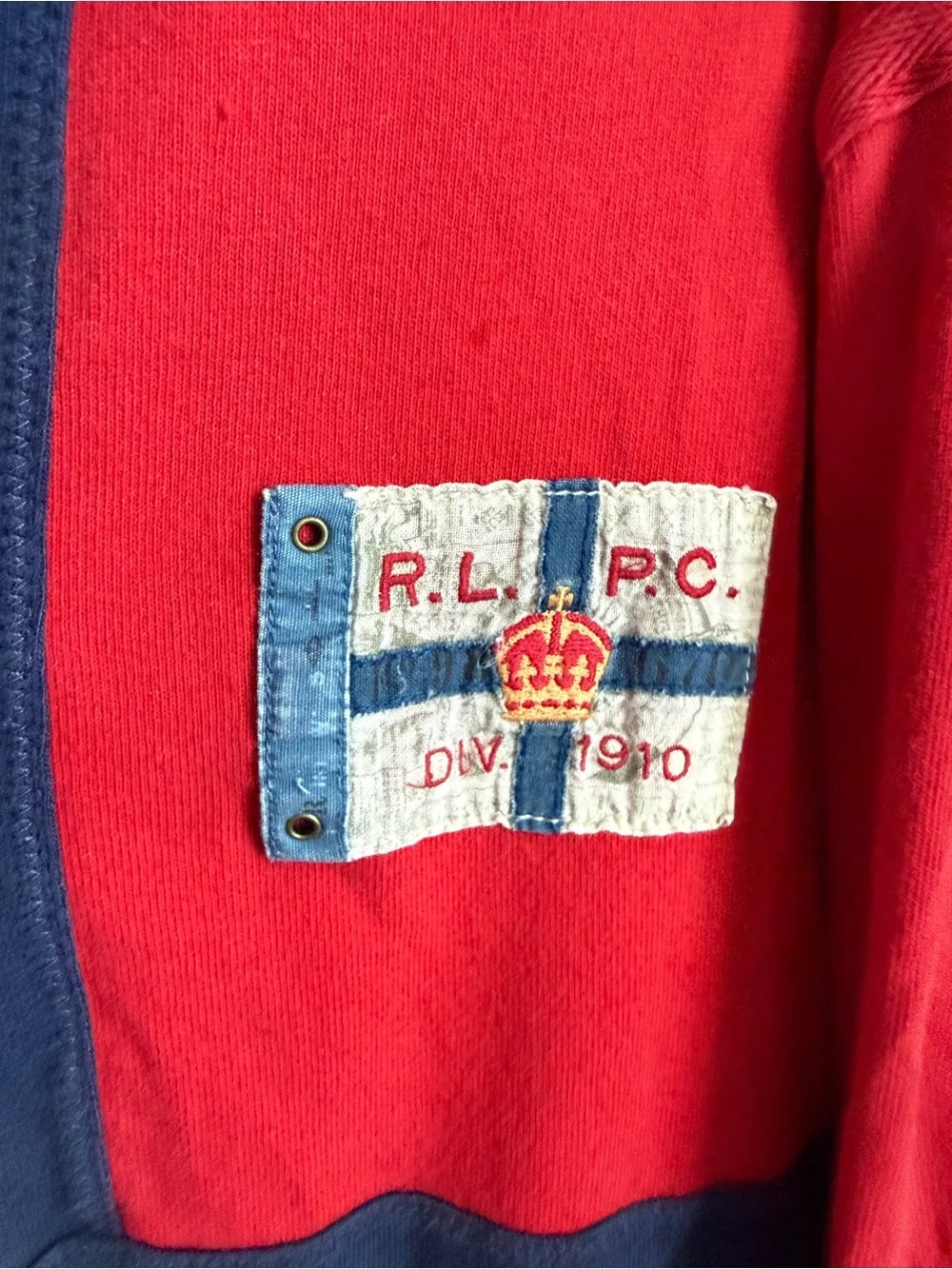 Polo by Ralph Lauren Red & Navy Cross-Panel Rugby Shirt with White Collar